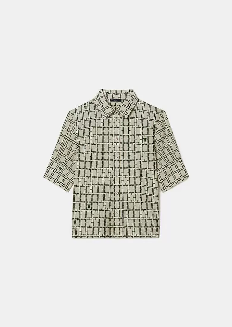 TARA JARMON Cameron Ecru With Green Graphic Design Poplin Shirt Online