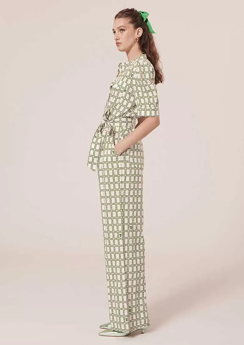 TARA JARMON Carina Ecru With Green Graphic Design Jumpsuit Flash Sale