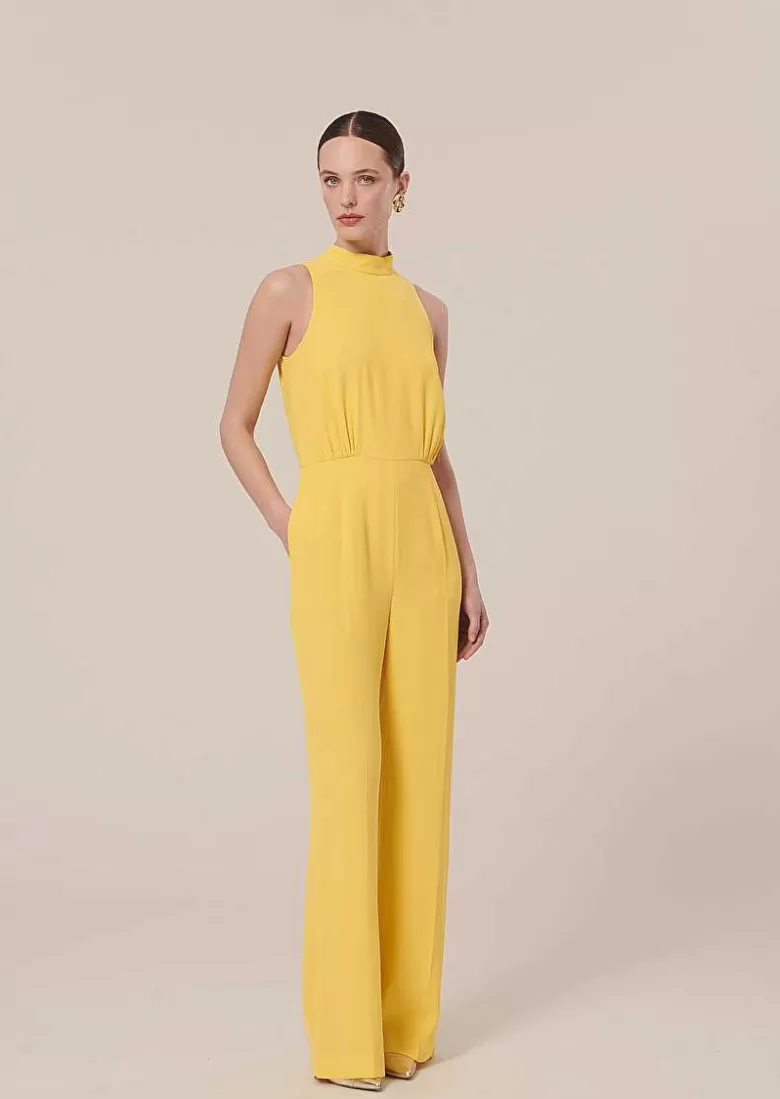 TARA JARMON Cecile Yellow Crepe Jumpsuit Clearance