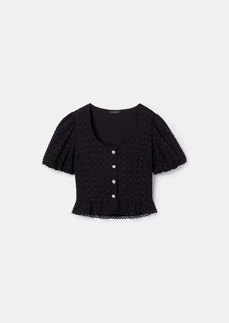 TARA JARMON Clorinda Black Embroidered Shirt New