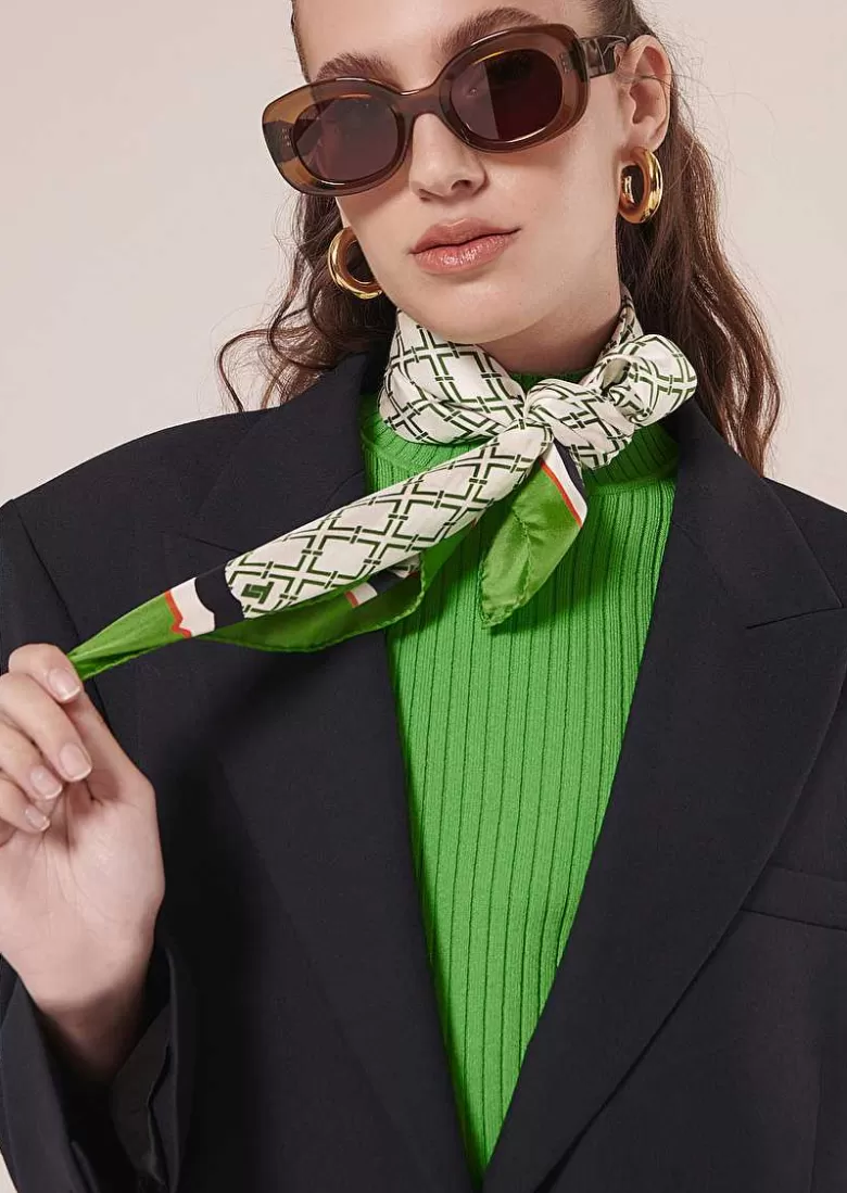 TARA JARMON Eileen Ecru With Green Graphic Design Silk Scarf Sale