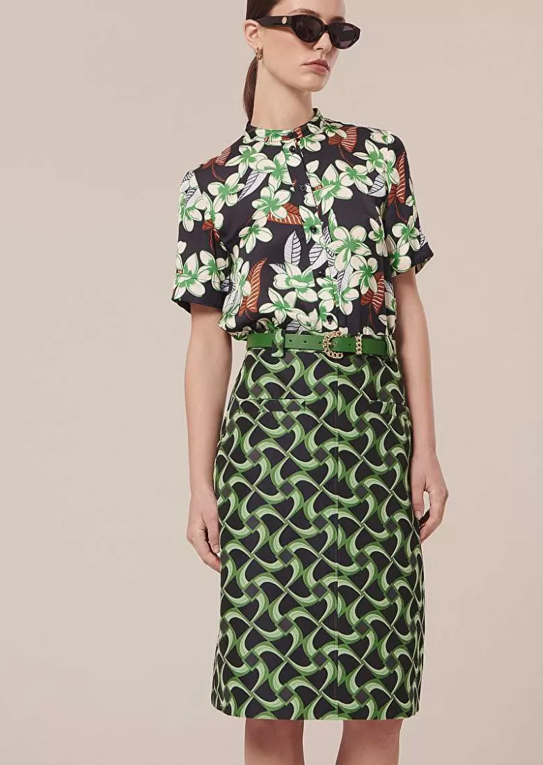 TARA JARMON Jola Midnight Blue With Green Graphic Design Skirt Sale