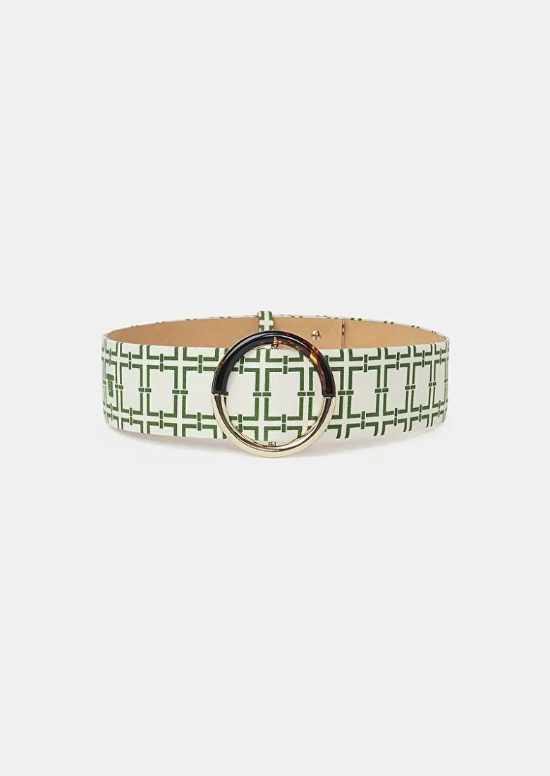 TARA JARMON Lauren Ecru With Green Graphic Design Leather Belt Cheap