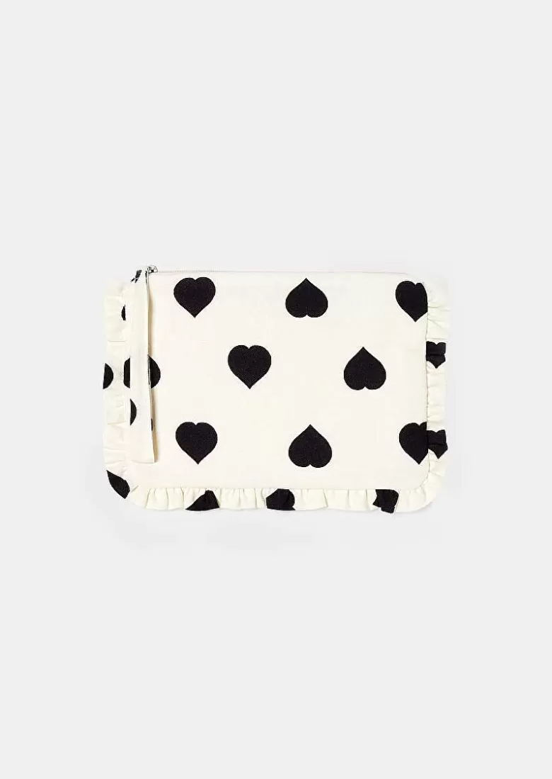 TARA JARMON Sabrina Ecru With Black Polka Hearts Soft Clutch New