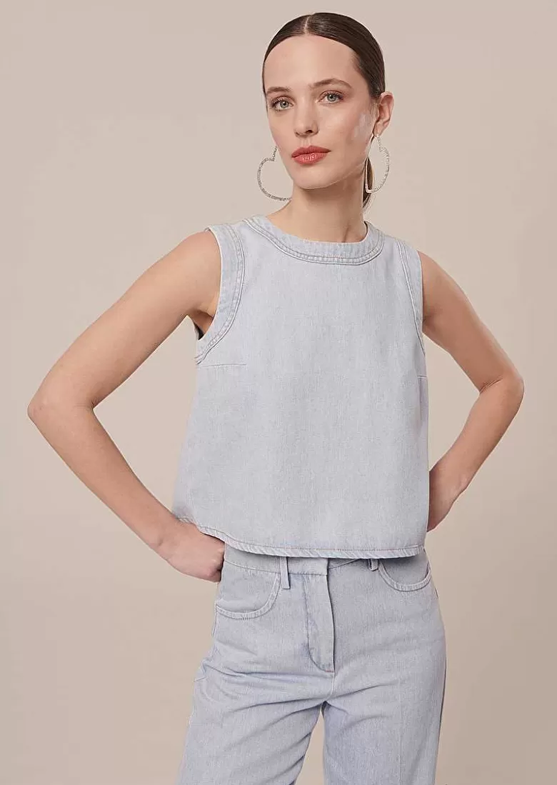 TARA JARMON Tokono Light Blue Denim Top Fashion